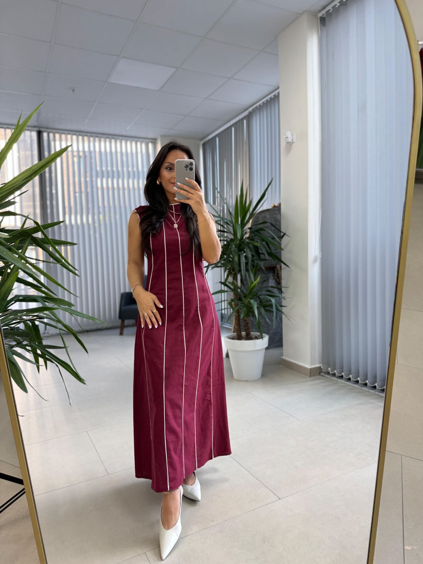 Fw 0402 Marka Model Bordo-Beyaz Biyeli Keten Elbise