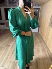 Ms Ceket Yaka Midi Yeşil Elbise