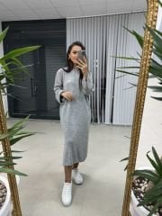 Polo Yaka Gri Oversize Triko Elbise