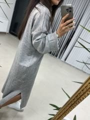 Polo Yaka Gri Oversize Triko Elbise