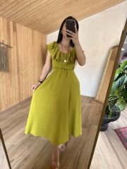 İthal keten yağ yeşili elbise