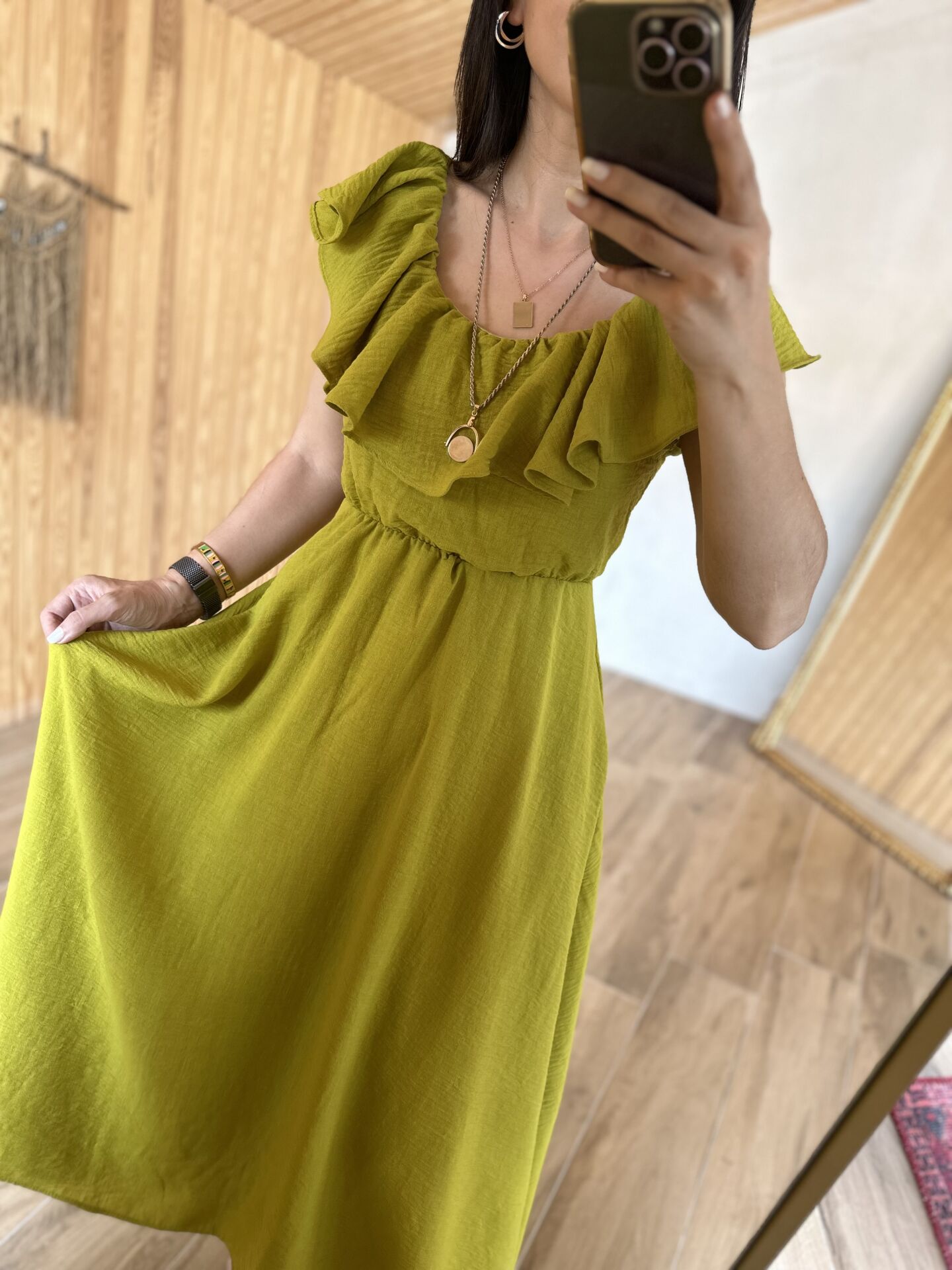 İthal keten yağ yeşili elbise