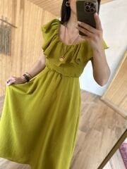 İthal keten yağ yeşili elbise