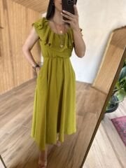 İthal keten yağ yeşili elbise