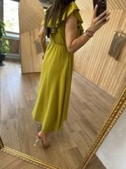 İthal keten yağ yeşili elbise