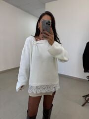 Po 2726 İnci ve Dantel Detaylı Ekru Kazak