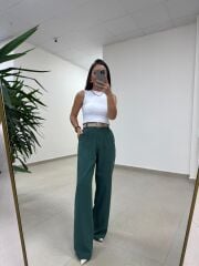 Fp 51078 Gold Düğmeli Bel Lastikli Zümrüt Palazzo Pantolon