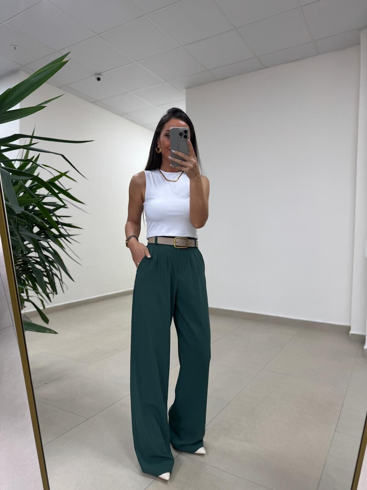 Fp 51078 Gold Düğmeli Bel Lastikli Zümrüt Palazzo Pantolon