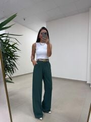 Fp 51078 Gold Düğmeli Bel Lastikli Zümrüt Palazzo Pantolon