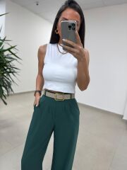 Fp 51078 Gold Düğmeli Bel Lastikli Zümrüt Palazzo Pantolon