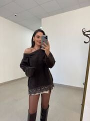 Po 2726 İnci ve Dantel Detaylı A.Kahve Kazak