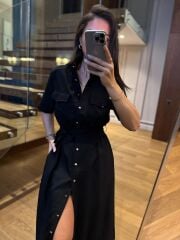 La 25989 Gümüş Düğmeli Bel Lastikli Gömlek Elbise