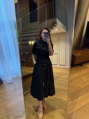 La 25989 Gümüş Düğmeli Bel Lastikli Gömlek Elbise