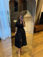 La 25989 Gümüş Düğmeli Bel Lastikli Gömlek Elbise