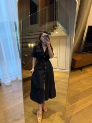 La 25989 Gümüş Düğmeli Bel Lastikli Gömlek Elbise