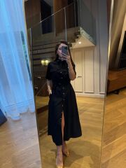 La 25989 Gümüş Düğmeli Bel Lastikli Gömlek Elbise