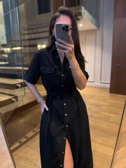 La 25989 Gümüş Düğmeli Bel Lastikli Gömlek Elbise