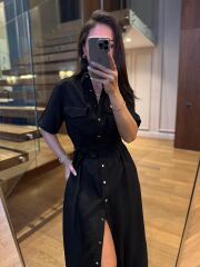 La 25989 Gümüş Düğmeli Bel Lastikli Gömlek Elbise