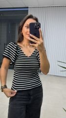 İspanyol Kol Siyah Çizgili Triko