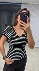 İspanyol Kol Siyah Çizgili Triko