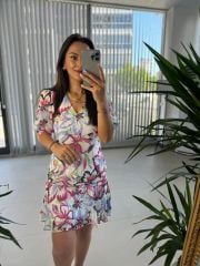 Mc 5829 V Neck Fuchsia Chiffon Dress