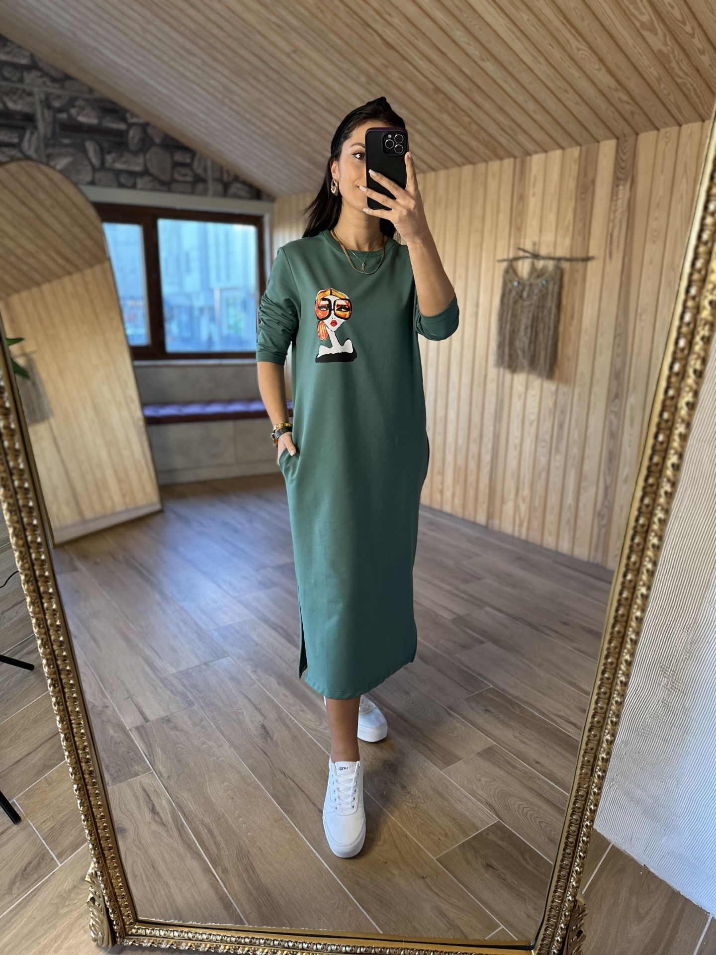 Yeşil baskılı sweat elbise