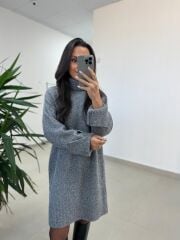 Dv 90265 Balıkçı Yaka Yumoş Gri Triko Elbise