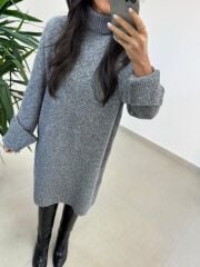 Dv 90265 Balıkçı Yaka Yumoş Gri Triko Elbise