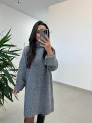 Dv 90265 Balıkçı Yaka Yumoş Gri Triko Elbise