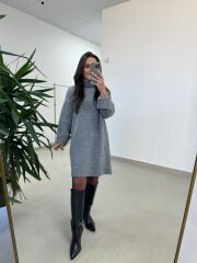 Dv 90265 Balıkçı Yaka Yumoş Gri Triko Elbise