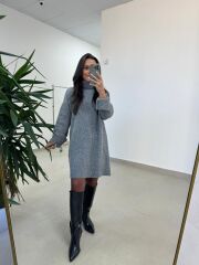 Dv 90265 Balıkçı Yaka Yumoş Gri Triko Elbise