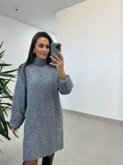Dv 90265 Balıkçı Yaka Yumoş Gri Triko Elbise