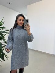 Dv 90265 Balıkçı Yaka Yumoş Gri Triko Elbise