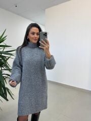 Dv 90265 Balıkçı Yaka Yumoş Gri Triko Elbise