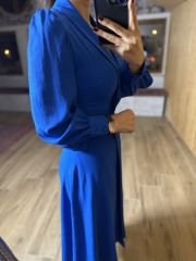Ms Ceket Yaka Midi Saks Elbise