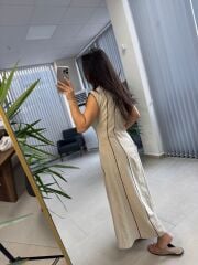 Fw 0402 Marka Model Taş-Kahve Biyeli Keten Elbise