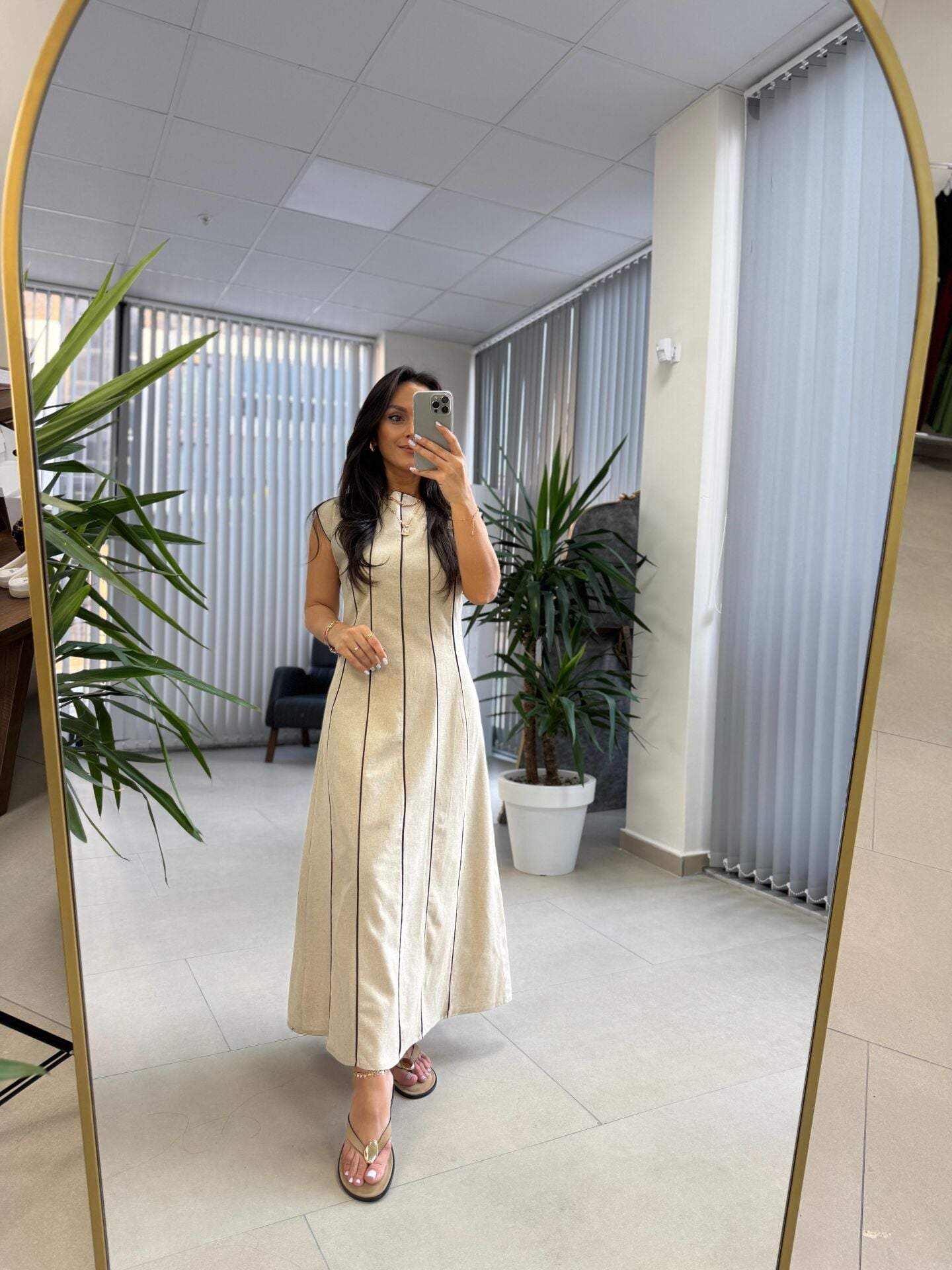 Fw 0402 Marka Model Taş-Kahve Biyeli Keten Elbise