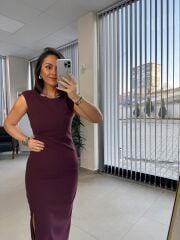 Fw 8164 Pili Detaylı Mürdüm Kalem Elbise