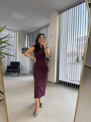 Fw 8164 Pili Detaylı Mürdüm Kalem Elbise