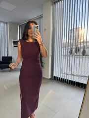 Fw 8164 Pili Detaylı Mürdüm Kalem Elbise