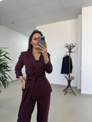 Art 4011 Mürdüm Bel Kuşaklı Ceket Takım