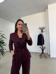 Art 4011 Mürdüm Bel Kuşaklı Ceket Takım