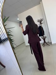 Art 4011 Mürdüm Bel Kuşaklı Ceket Takım