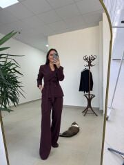 Art 4011 Mürdüm Bel Kuşaklı Ceket Takım