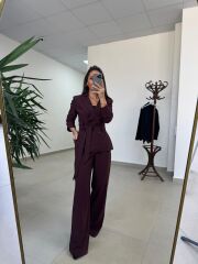 Art 4011 Mürdüm Bel Kuşaklı Ceket Takım