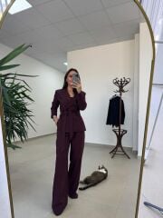 Art 4011 Mürdüm Bel Kuşaklı Ceket Takım