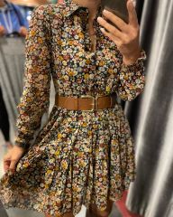 Çıtır desen yakalı şifon elbise