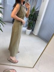 Fw 0402 Marka Model Haki-Beyaz Biyeli Keten Elbise