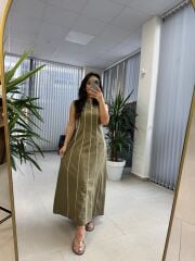 Fw 0402 Marka Model Haki-Beyaz Biyeli Keten Elbise
