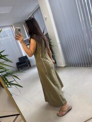 Fw 0402 Marka Model Haki-Beyaz Biyeli Keten Elbise
